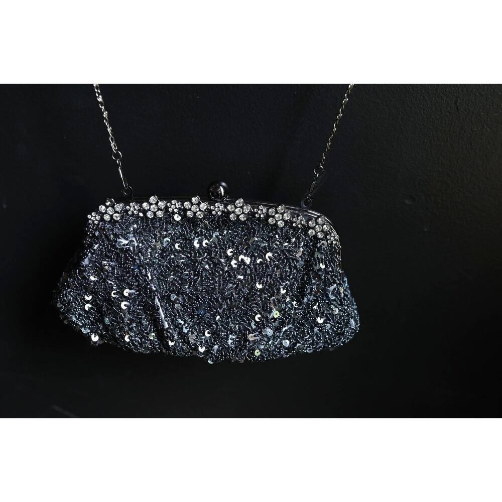 Black Silver Sequined Beaded Evening Clutch Purse Long Metal Strap Whimsigoth